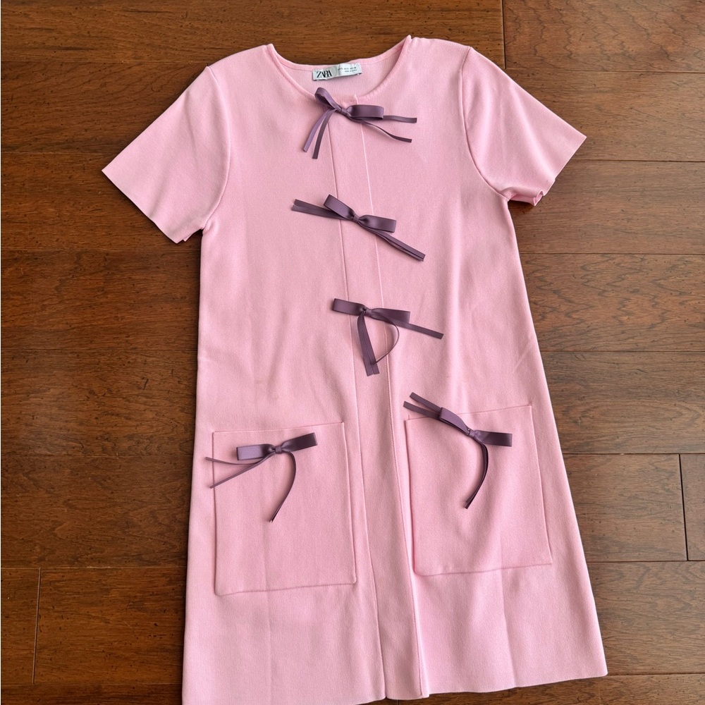 Zara Light Pink Shift Dress with Mauve Ribbon Bows